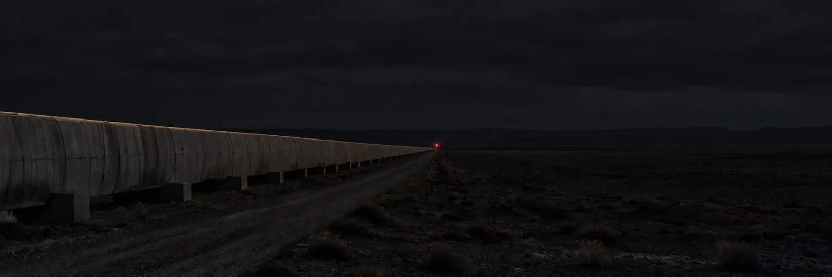 Generated illustration: a long, low concrete instrument arm crossing a barren plain to a marker light on the horizon.