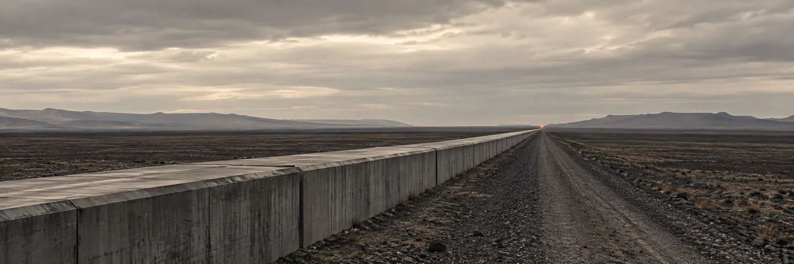 Generated illustration: a long, low concrete instrument arm crossing a barren plain to a marker light on the horizon.