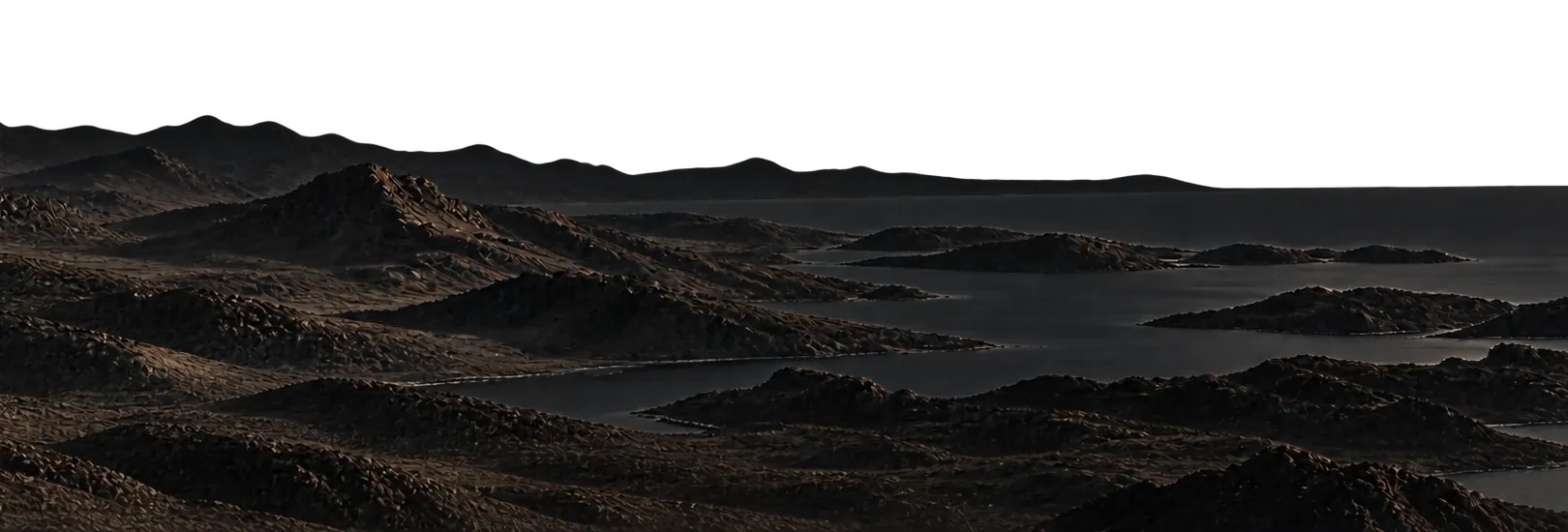 Generated illustration: a still water horizon beyond a distant ridge.