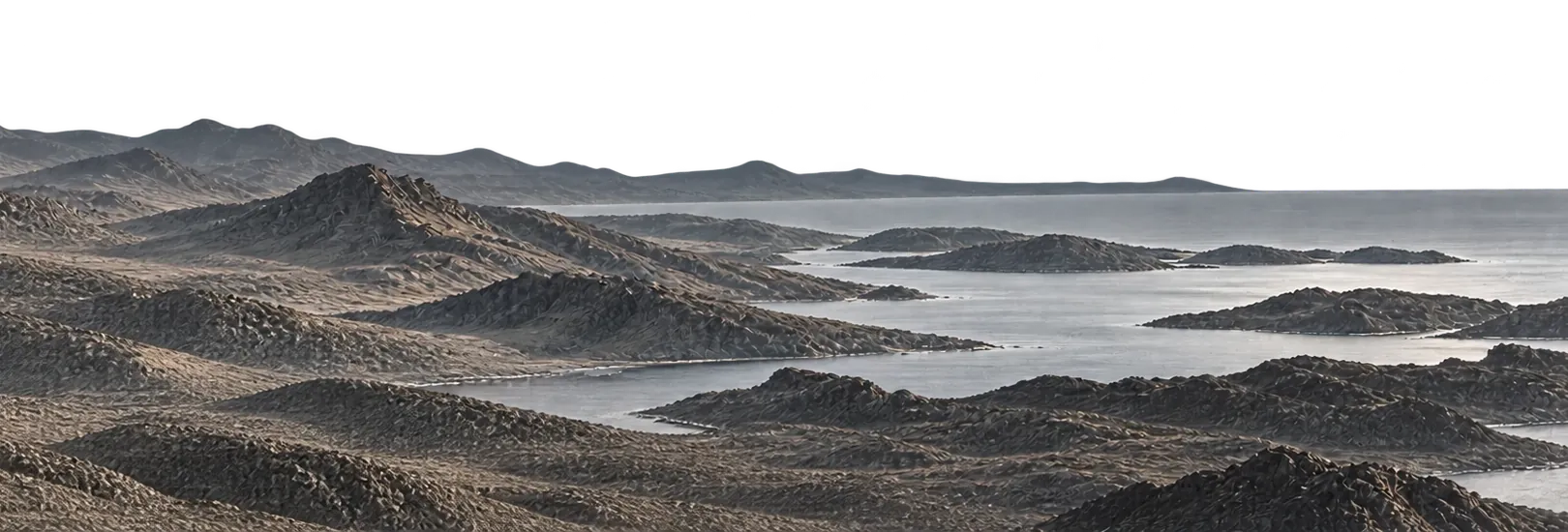 Generated illustration: a still water horizon beyond a distant ridge.